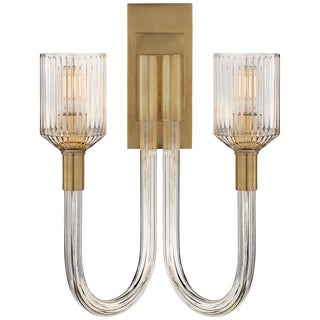 Kelly Wearstler for Visual Comfort Signature Reverie Double Sconce in Clear Ribbed Glass and Antique-Burnished Brass For Sale