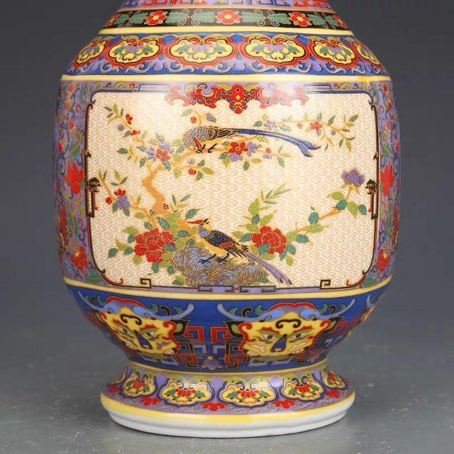 Art Deco Famille Rose Porcelain Vase With Gilt Handles & Floral Bird For Sale - Image 3 of 5