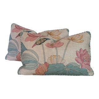 Lee Jofa Nympheus Twill Lumbar Pillows in Pink/Teal With Braided Multi Cord- Pair For Sale