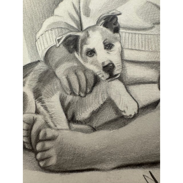 Illustration 1940s Original Signed Graphite Illustration of Child Holding Puppy, 10 × 8.5 In. For Sale - Image 3 of 6