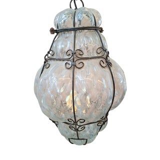 Vintage Pendant Lamp in Blown Glass and Wrought Iron, 1990 For Sale