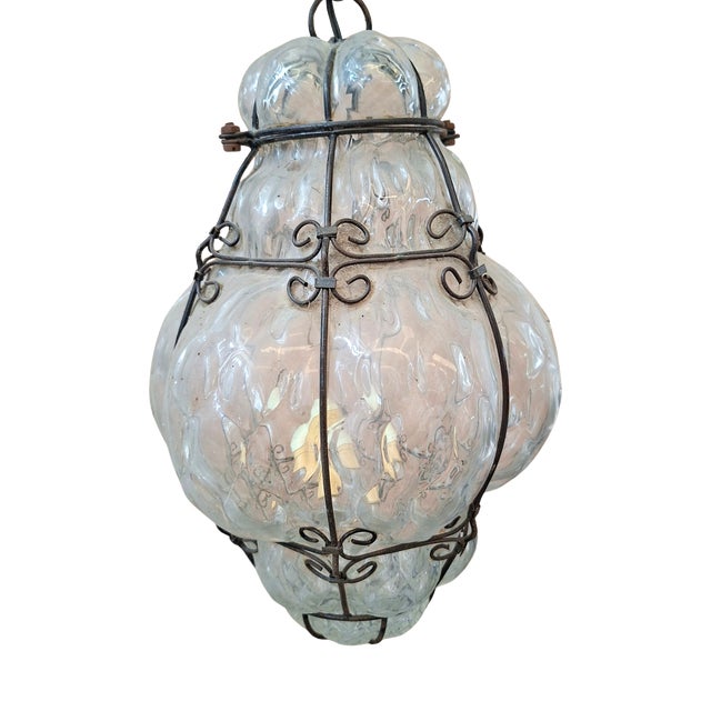 Vintage Pendant Lamp in Blown Glass and Wrought Iron, 1990 For Sale