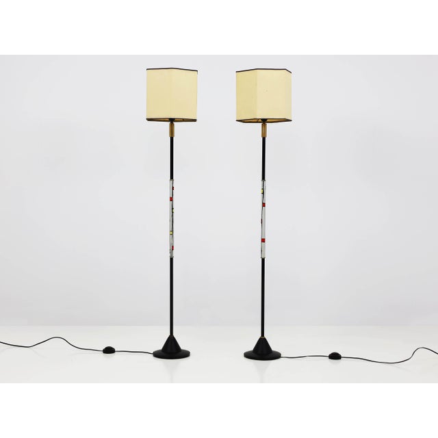 Enameled Metal Floor Lamps with Hexagonal Lampshades by Angelo Brotto for Esperia, 1950, Set of 2, in Good conditions....