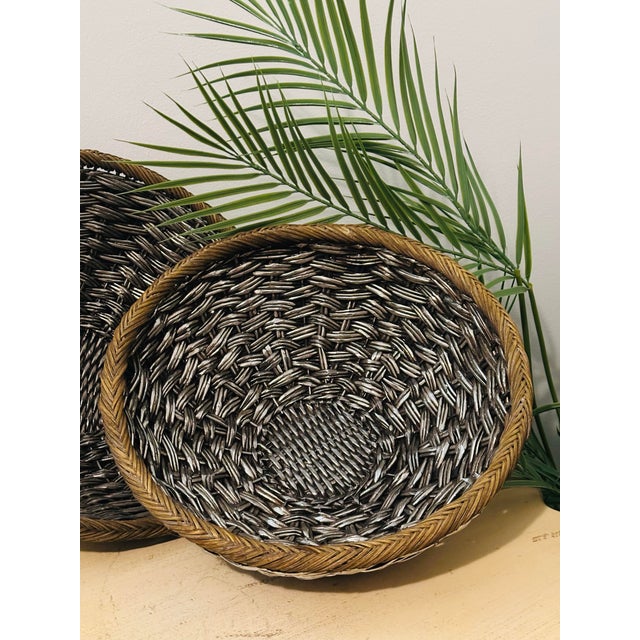 Great pair of hand woven wicker & rattan basket, unique finish of vintage silver/black weave. Makes for a unique wall...