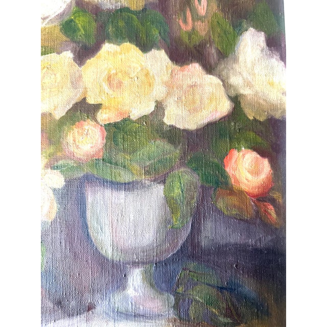 Mid-Century Floral Oil Painting of Roses | Ornate Whitewashed & Gilt Frame | Romantic Cottagecore Still LifeRoses For Sale - Image 4 of 10