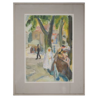 Kurt Groeger, Marseille, Woman at a Café Terrace Communing, Original Signed Watercolor For Sale