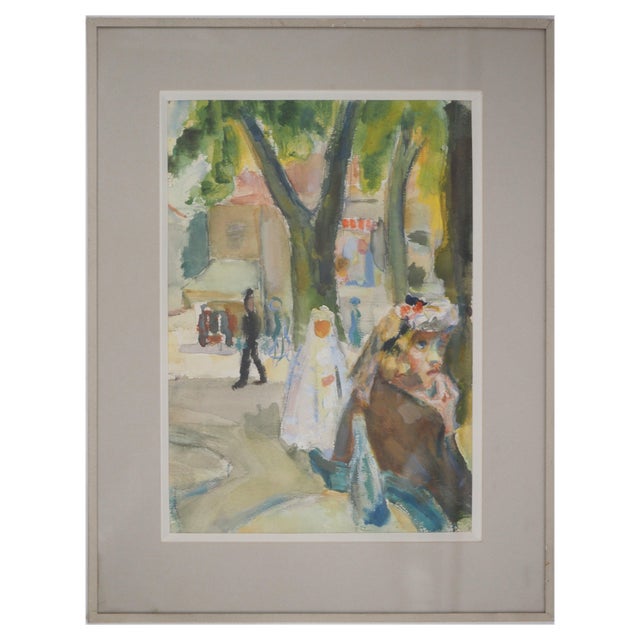Kurt Groeger, Marseille, Woman at a Café Terrace Communing, Original Signed Watercolor For Sale