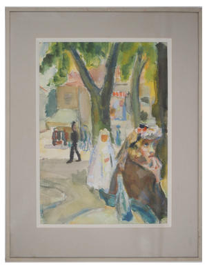 Kurt Groeger, Marseille, Woman at a Café Terrace Communing, Original Signed Watercolor