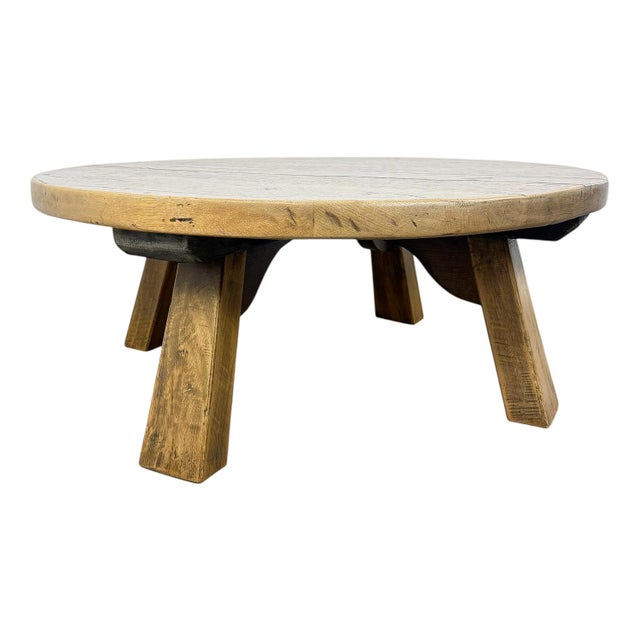 Vintage Rustic Brutalist European Round Oak Coffee Table , 1950s For Sale - Image 6 of 11