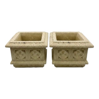 A Pair of English Gothic Revival Cast Stone Square Planters For Sale