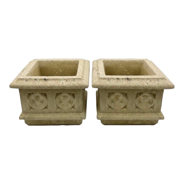A Pair of English Gothic Revival Cast Stone Square Planters For Sale