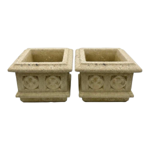 A Pair of English Gothic Revival Cast Stone Square Planters