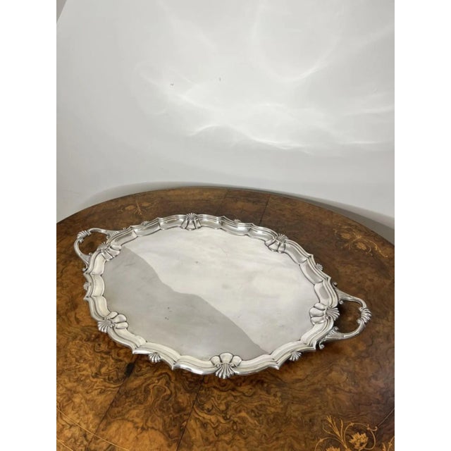 Excellent quality antique Edwardian silver plated tea tray, having a quality large tea tray with two carrying handles to...