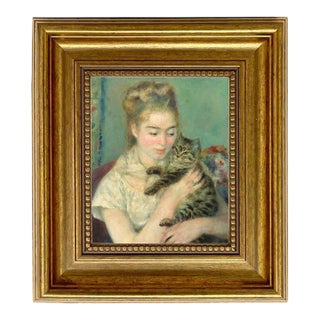 Woman With Cat Renoir Print on Canvas, 8-1/2" X 9-1/2" For Sale