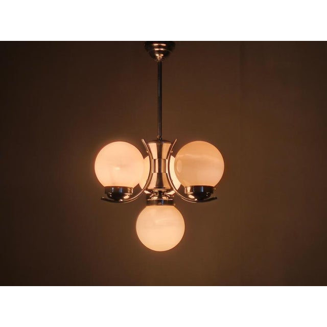 Art Deco Chrome and Opaline Glass Chandelier, Czechoslovakia, 1930s For Sale - Image 12 of 14