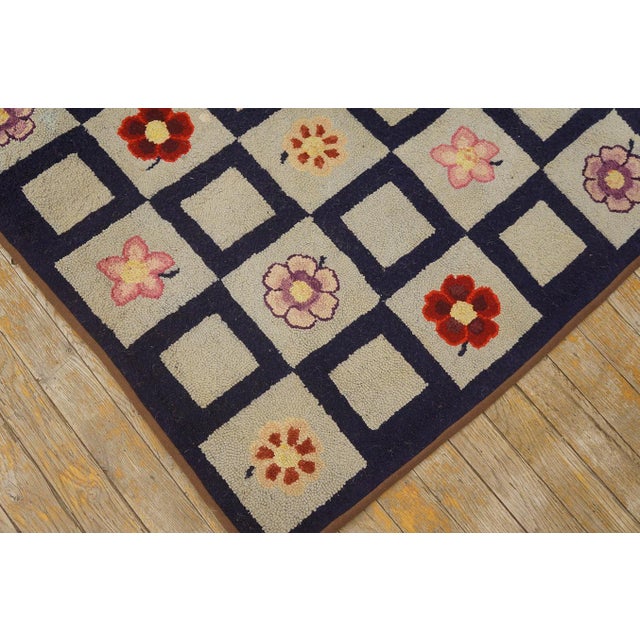 1930s Black Floral Square Folk Art Antique American Hooked Rug 2'8" X 3'8" Handwoven Wool Carpet For Sale - Image 4 of 6