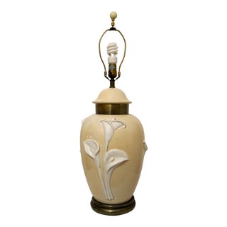 Chapman White and Tan Ceramic Lamp With Sculptural Lillies and Brass Base For Sale