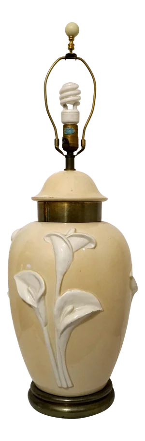 Chapman White and Tan Ceramic Lamp With Sculptural Lillies and Brass Base