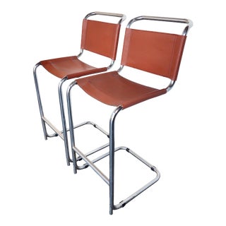 1960s Vintage Terra Cotta Colored Leather Chrome Stools - a Pair For Sale