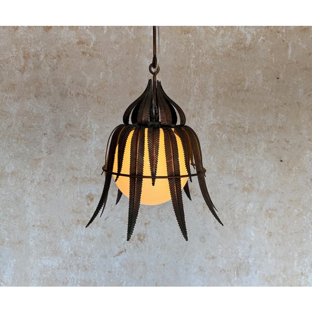 1950s Spanish Copper-Plated Iron Leaf Pendant With Opaline Glass Globe For Sale - Image 12 of 12