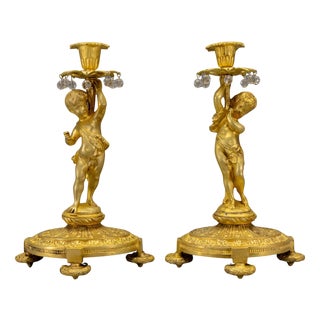 Late 19th Century French Neoclassical Style Bronze Cherub Candleholders, Set of 2 For Sale