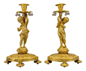 Late 19th Century French Neoclassical Style Bronze Cherub Candleholders, Set of 2