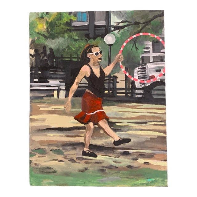 Vintage 80's Original Painting Fun Girl With Hula Hoop For Sale