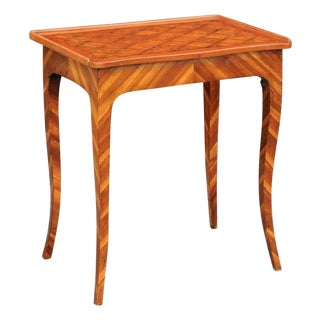 Italian 1820s Walnut Side Table with Marquetry Top, Inlaid Legs and Side Drawer For Sale