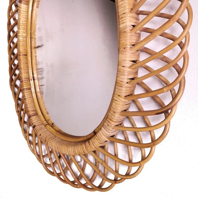 Mid-Century Modern Vintage Oval Mirror in Wicker, Bamboo & Rattan, 1950s For Sale - Image 3 of 7