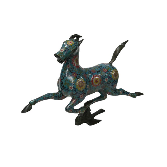 Chinese Turquoise Teal Enamel Galloping Horse Treading on a Flying Swallow Metal Figure For Sale In San Francisco - Image 6 of 12