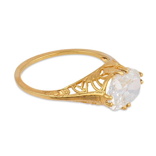 1970s Vintage Gia 2.08 Carat Old Mine Cut Diamond East-West 14k Yellow Gold Ring, Size 6 For Sale - Image 5 of 7