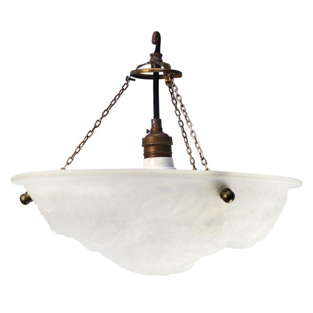 White Art Nouveau French Brass and White Pressed Glass Pendant Light, 1920s For Sale - Image 8 of 8