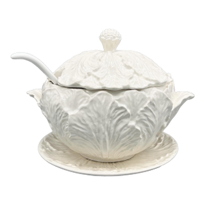 Mid-Century California Pottery White Cabbage Tureen With Underplate and Ladle - Hollywood Regency, Traditional, Grandmillennial