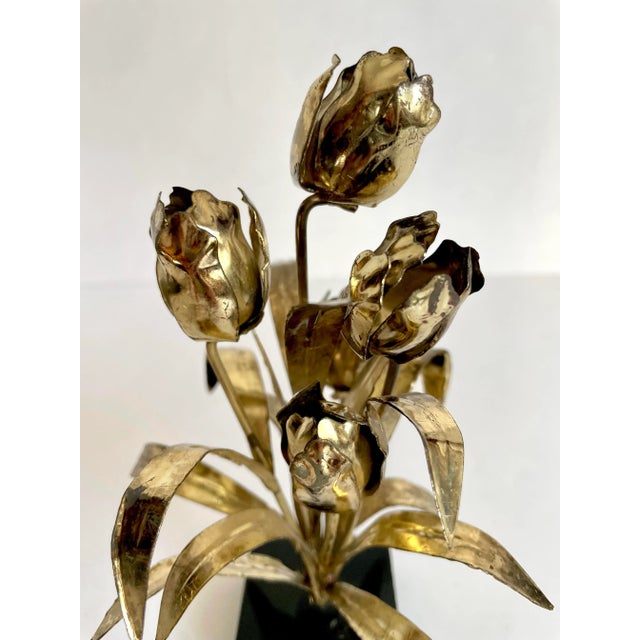 Vintage Brutalist Petite Gold Metal Flower Art on Black Stand For Sale - Image 4 of 7