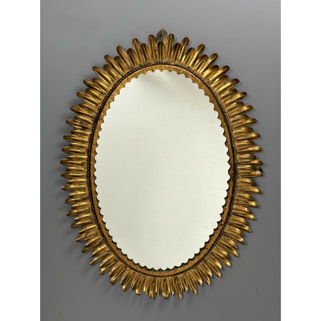 Metal Mid-Century Hollywood Regency Spanish Gilt Metal Sunburst Mirror, 1950s For Sale - Image 7 of 18