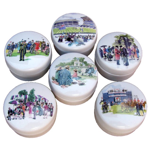 Delightful English porcelain tins, each featuring a hand-painted scene from British life. -- The pots are commissioned by...