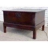 English early oak box on custom base. Notched corners beautiful patina. C 1700 29 x 22 x 18(1571)