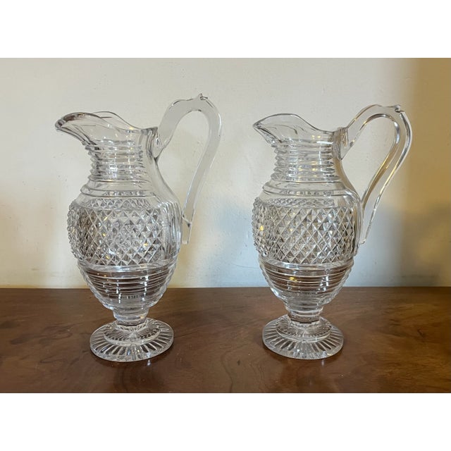 English Large Antique Early 19th Century George III Anglo Irish Cut Crystal Glass Wine Ewers or Water Pitchers - A Pair For Sale - Image 3 of 16