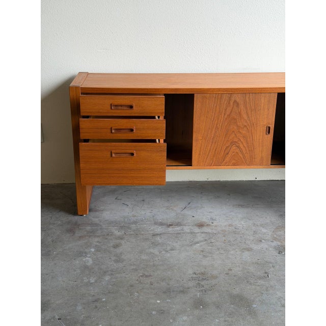 Danish Teak Low Credenza - Mid 20th Century Modern Sideboard With Drawers and Sliding Doors For Sale - Image 9 of 10