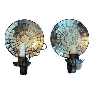 Pair of Antique Spider Web Mirrored Back Tin Candle Sconces- Wired For Sale