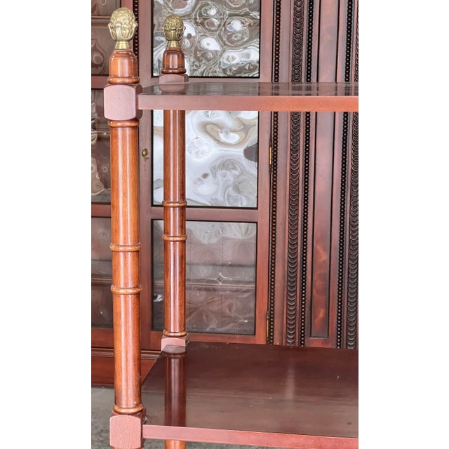 Chinoiserie Vintage Faux Bamboo Chinoiserie Mahogany Brass Capped Etagere Shelf Unit For Sale - Image 3 of 8