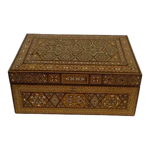 Early 20th Century Rare Antique Middle Eastern Moorish Mother of Pearl Inlaid Marquetry Keyed Box With Matching Table Lighter