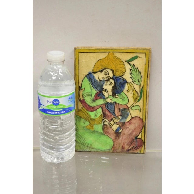 Antique Persian Iznik Qajar Style Green Ceramic Pottery Tile Loving Couple C5. Item features original crackle glazed...
