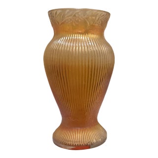 1920s Early American Carnival Glass "Prism & Daisy Band" Marigold Ribbed Vase For Sale
