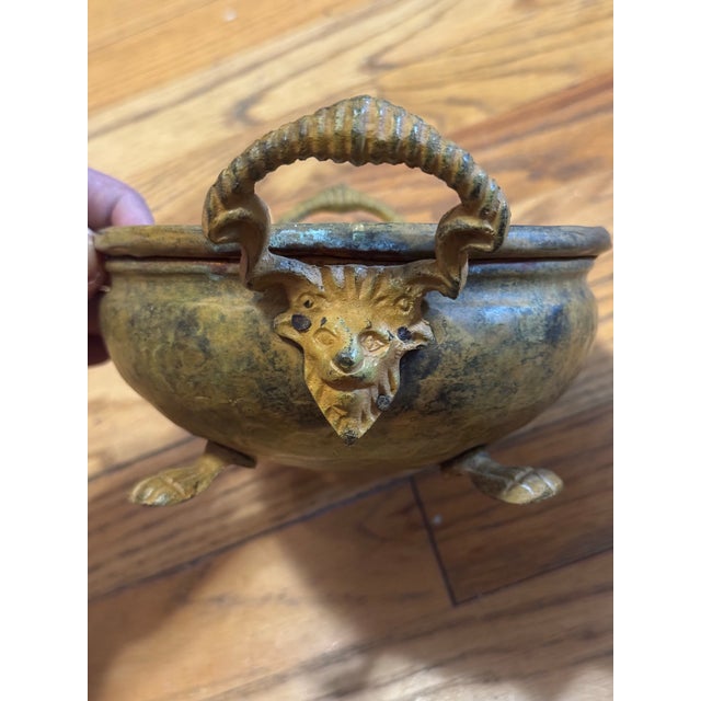 Victorian Mid Century Brass Oval Jardiniere Lion Head Ram Horn Handles Paw Feet Hammered Bowl For Sale - Image 3 of 12