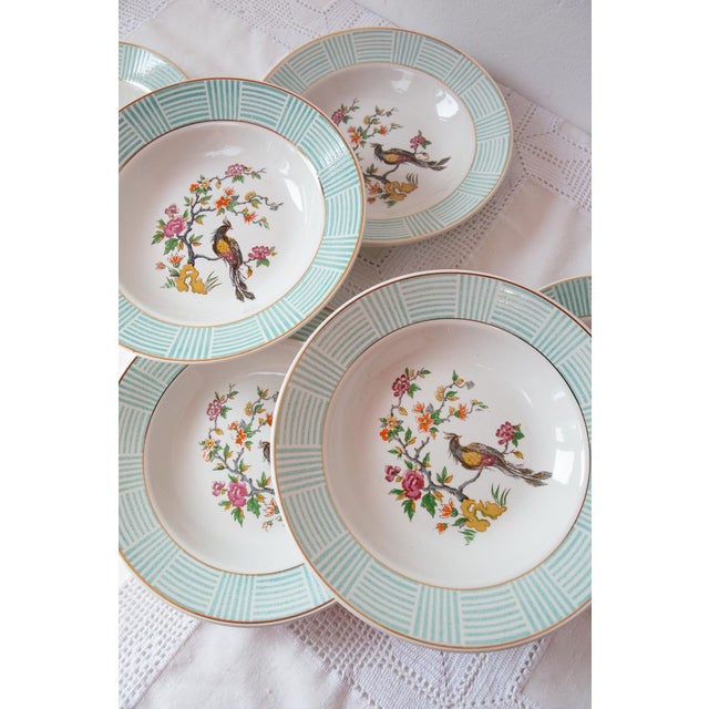 French Earthenware Deep Plates with Bird of Paradise Decor from Digoin Sarreguemines, 1960s, Set of 12, in Very Good...