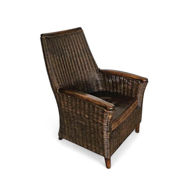 Rattan Armchair with Wooden Armrests and Leather Seat, 1960s For Sale - Image 9 of 16