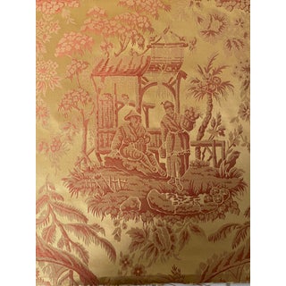 Schumacher Discontinued Chinoiserie Silk Fabric With Gold and Coral Colors 58" W X 46" L For Sale