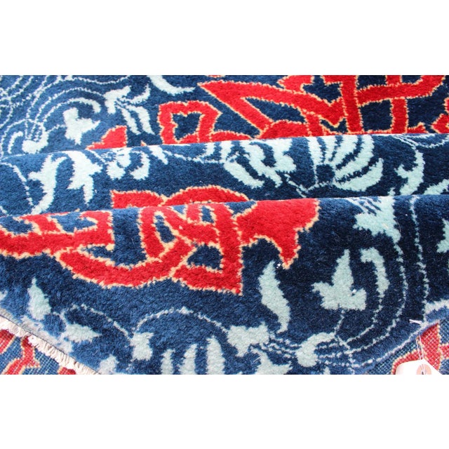 Red & Blue European Design Rug With Geometric Medallions and Vining Blossoms For Sale - Image 11 of 13