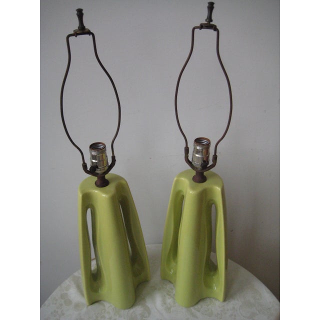 1960s Mid-Century Celadon Green Sculptural Ceramic Lamps - a Pair For Sale - Image 5 of 11